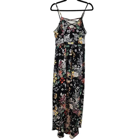 A. calin Dresses & Skirts - A. Calin Black Floral Stretch Shorts Romper w/ Open Front Maxi Overlay Dress L